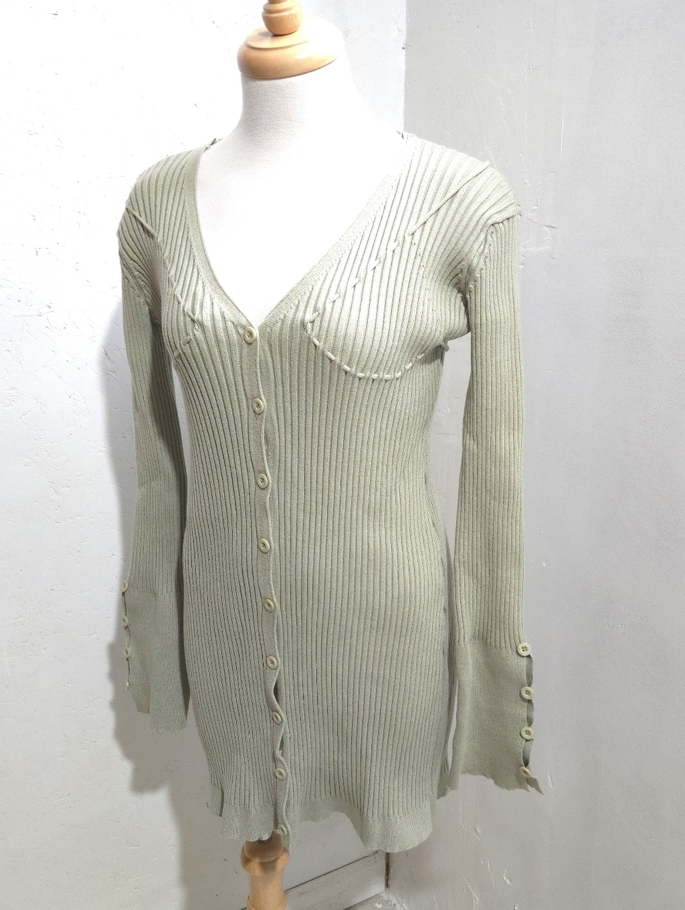 Cider | Ribbed V-Neck Cardigan Mini Dress Sage Green - Picture 2 of 7